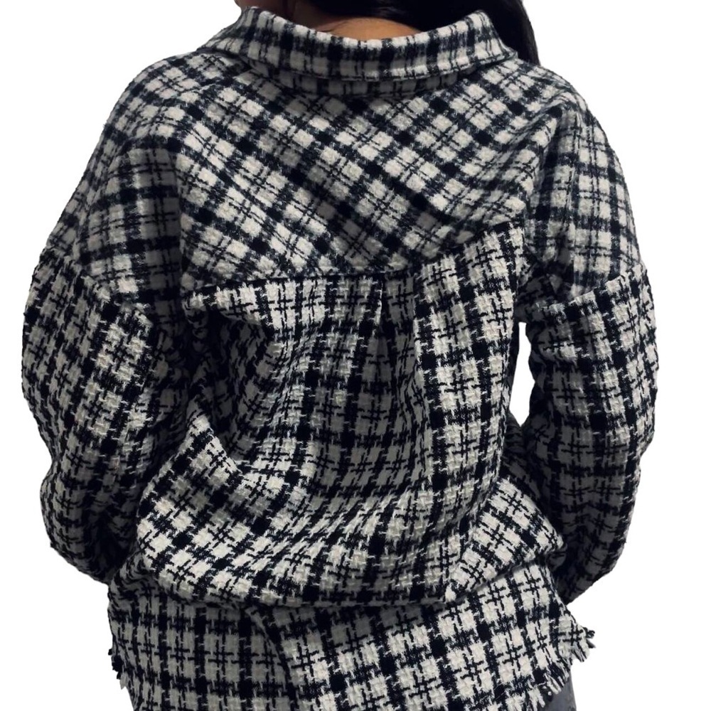 Umgee Shacket Jacket Plaid Black White Cozy Oversized Tweed Frayed Hem Womens 1X - Picture 4 of 12
